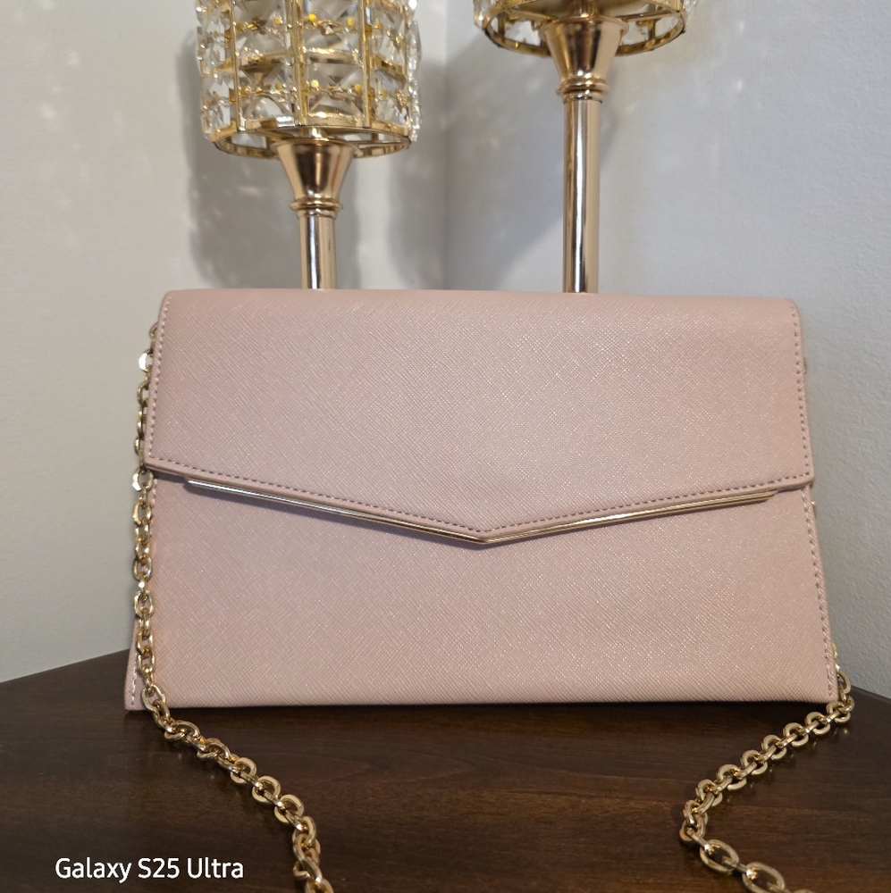 Madison West Light Pink Clutch with Gold Chain
